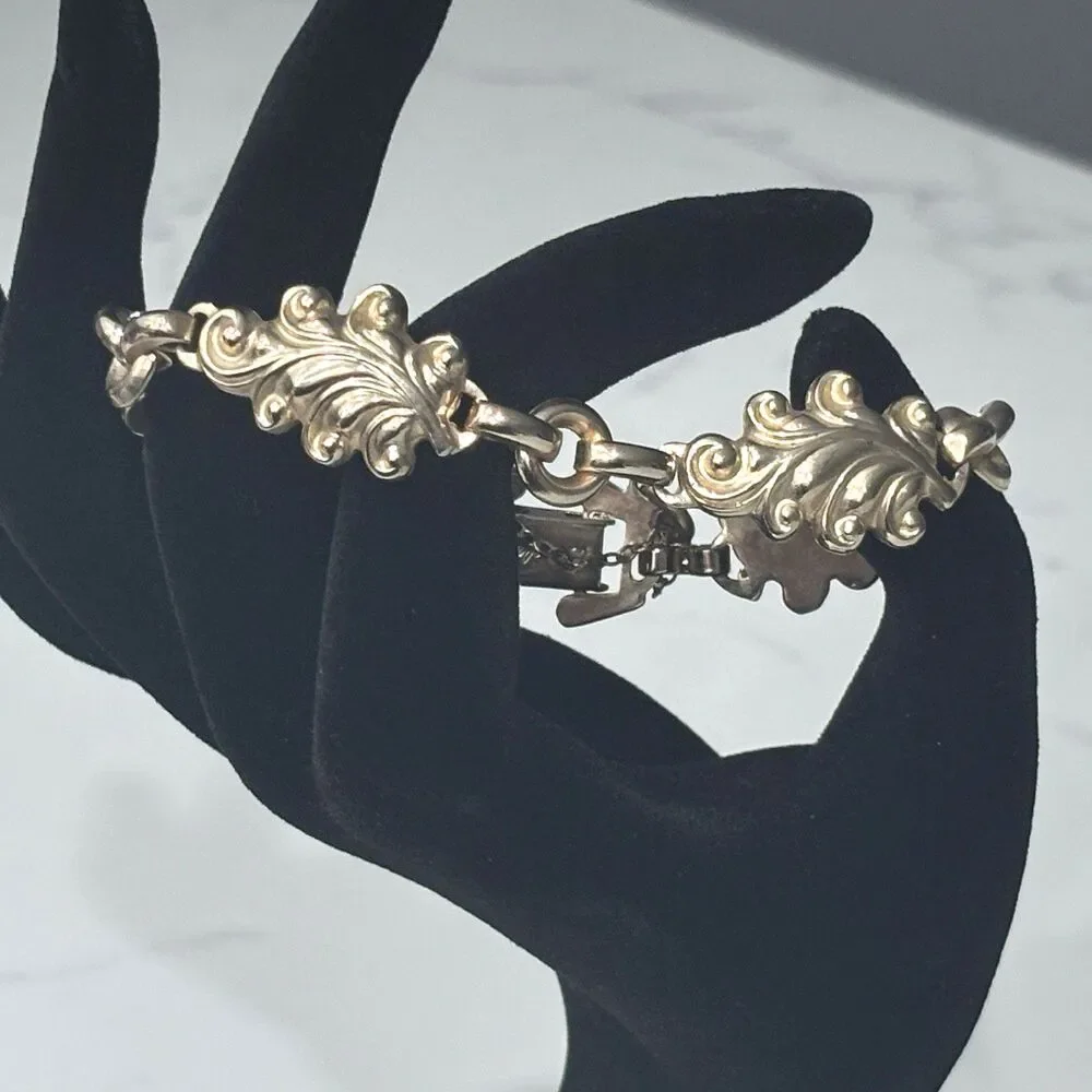 Vintage Barclay Bracelet Gold Tone Scroll Leaf Link Safety Chain 7.5